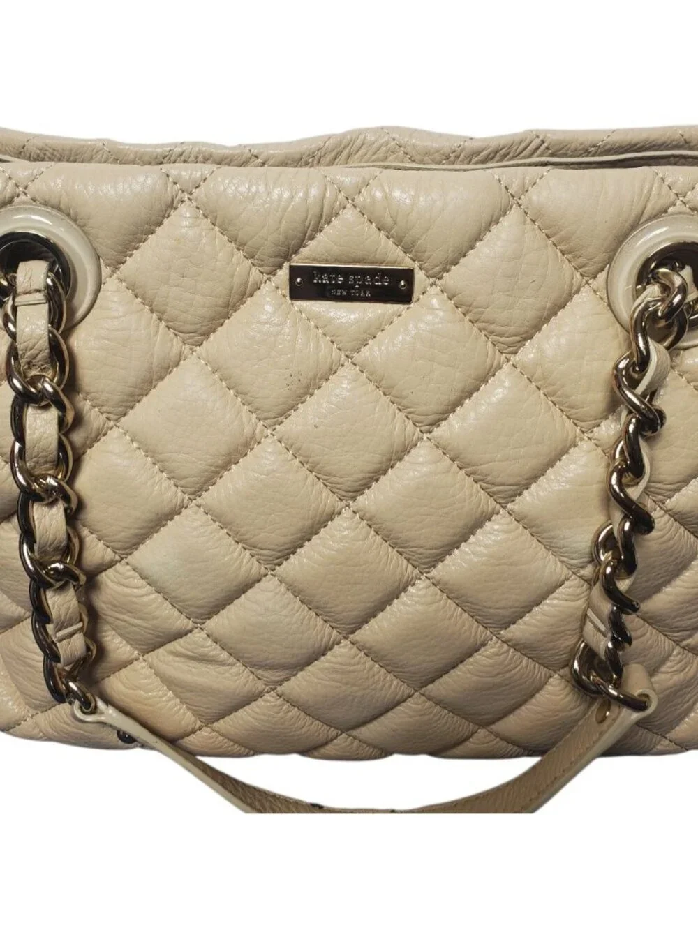 Kate Spade Georgina Quilted Leather W/Chain Link Strap Tote Bag W/Multiple Cream